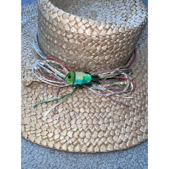 Vintage CAPPELLI  Wide Brim Straw Paper Woven Hat with Sequin Fish Detail - Picture 7 of 10